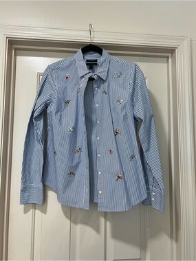 J Crew Perfect Fit Bejeweled Insect Embellished Button Shirt